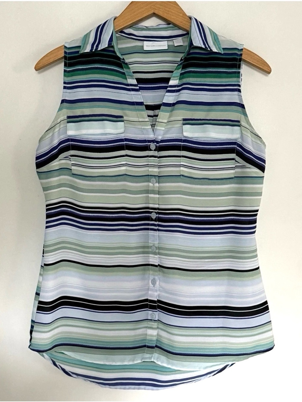 Sleeveless Striped Button-Front Blouse in Blue and Green Hues